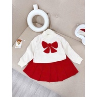Set bộ bé gái CS631 Set áo len nơ dài tay chân váy xếp ly
