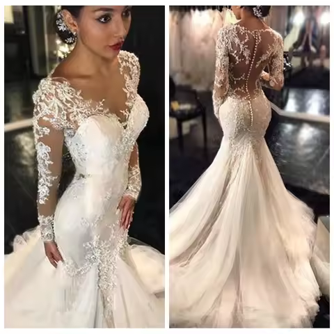 Customized Lace Mermaid Wedding Dresses Dubai African Arabic See Through Wedding Dress Long Sleeves 