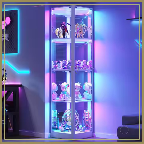 68" Corner Display Cabinet with RGB Lights, 4-Tier Glass Curio for Collectibles Toys Books, Space Sa
