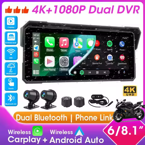 Motorcycle CarPlay & Android Auto 6/8.1 inch 4K+1080P Moto DVR GPS Navigation Waterproof Drive Recor