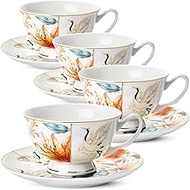 Brew To A Tea Floral Porcelain Tea Cups Set of 4, 8 oz, Cup & Saucer Sets, Tea Cup Set of 4