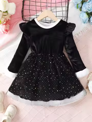 4-7 Year Children Girls Dress Round neck Satin Stars Tulle Ceremonial Dress for Girls' Spring Autumn