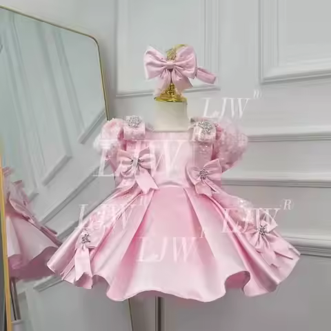 Toddler Girl Pink Satin Bow Party Dress Baby Birthday Party Ball Gown Kids Sparkly Bubble Sleeve Pri