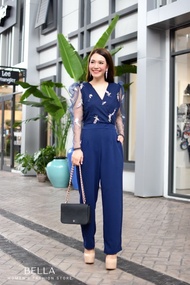 BE-JL63 JUMPSUIT จั้มสูทขายาว ไขว้หน้า แขนยาว เน็ตปัก  ชุดผู้หญิงnออกงานหรูๆ ชุดทำงาน ทำบุญ งานบุญ ช