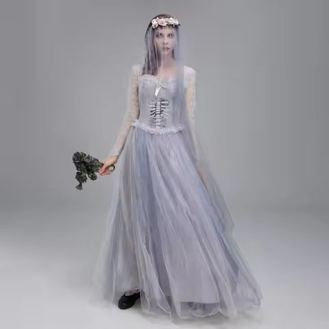 Women Halloween Dead Bride Costume Ghost Corpse Bride Corset Dress and Veil Floral Headband Set for 