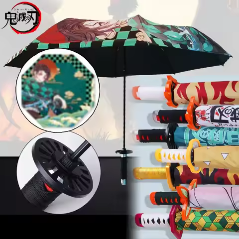 Demon Slayer Katana Umbrella Wind Rain Folding Parasol Kimetsu No Yaiba Tanjirou Shinobu Japanese Sw