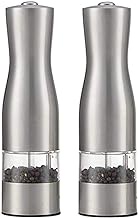 qiuqiu Salt and Pepper Mills, Electric Salt and Peppercorn Grinderswith Adjustable Ceramic Coarseness - Brushed Stainless Steel and Glass Body Shakers Salt Mills-2 pcs