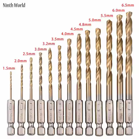 13pcs/lot High Speed Steel HSS Titanium Coated Drill Bit Set 1/4 Hex Shank 1.5-6.5mm tungsten carbid