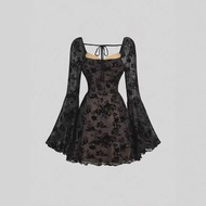 Black Floral Lace A- Line Short Top Dress Womens Fashion Princess Sleeve Empire Waist Skirt Cross-Bo