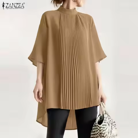 Oversize Women Blouse ZANZEA 2026 Fashion Summer Half Sleeve Pleated Shirt Female Long Tops Elegant 