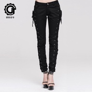 Gothic Steam Punk ผู้หญิง พรางหุ่น เดนิม Side Cross สายคล้อง กางเกง กางเกงขายาว Devil Fashion Pure ผ