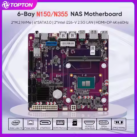 Topton 12th Gen i3-N355 N150 2*Intel i226-V 2.5G NAS Motherboard 6-Bay 6*SATA3.0 Soft Rout 1*DDR5 48