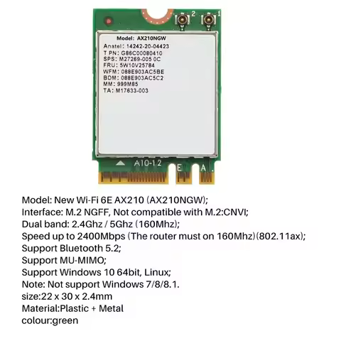 X64A-AX210NGW Wifi Card+2Xantenna WIFI 6E Bluetooth 5.2 2.4Ghz 5Ghz 3000Mbps M.2 Wireless Adapter AX