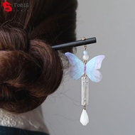 TOBIE Hanfu Hairpin, Chinese Style Butterfly Wooden Hair Stick, Cute Hanfu Headwear Tassel Hair Sticks for Buns Hanfu Accessories