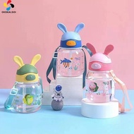 okdeals01 水瓶 water bottle botol air Funny Fashion Rabbit Ear With Straw Shark With Shoulder Strap Large Capacity Kids Cup Water Cup Drinking Pipette Bottle Children Water Bottle