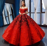 Elegant Vintage Strapless Evening Dress 2018 New Red Ball Gown Appliqued Tulle Lace Prom Dress Women