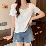 Large Square Neck Womens T-shirt 2024 Summer New Versatile Slim Shoulder Short Sleeve Casual Top