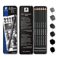 Staedtler 6 Mars Lumograph BLACK Graphite Drawing Pencils Metal Tin Set - 100B G6