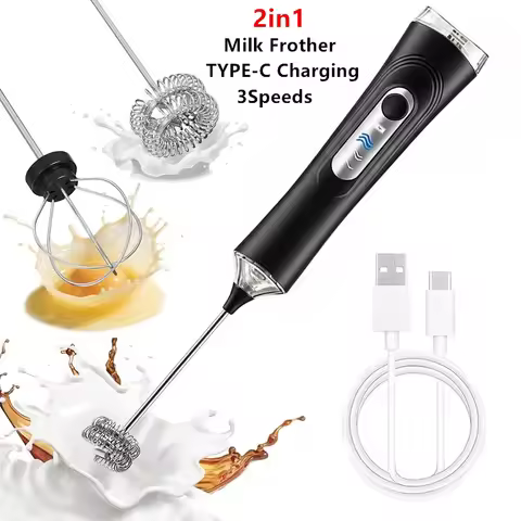 Electric Milk Frother Foamer + Egg Beater Wireless Type-C Charging 3 Speeds Mini Handheld Foam Maker