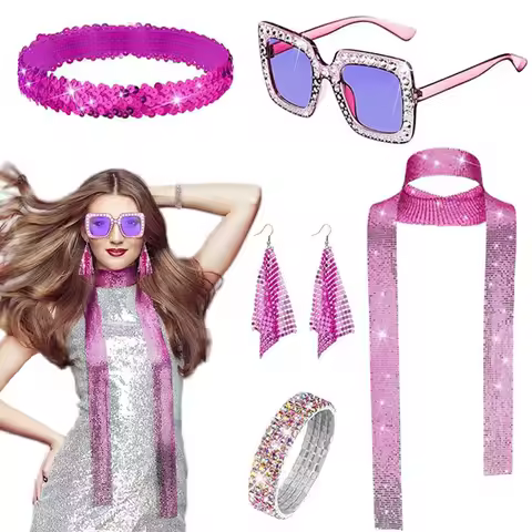 5Pcs 70s Sequin Headband Silver Disco Scarf for Women 70s Disco Cos Sunglasses Bracelet Earrings Dis