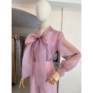 3F.SEOUL NISTA **สีขาวพร้อมส่ง** เสื้องานตัดร้าน เชิ้ตคอผูกโบว์ ผ้าออแกนดี้