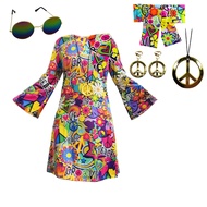 70s Women's Happie Costume Retro Print Flared Sleeve Dress with Headband Glasses Necklace Earrings Disco Costume Masquerade Halloween Cosplay Gift