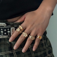 5 Pieces Of Retro Creative Asymmetrical Metal Gold Liquid Lava Abstract Gemstone Ring, Simple And St