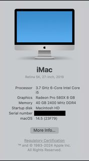 iMac 2019 - 27" - 3T Fusion Drive - 3.7GH 6 Core i5 - 40G DDR 4