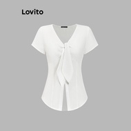 (Trendy) Lovito Casual Blouse Plain Lace Up Button Blouse for Women L87ED024
