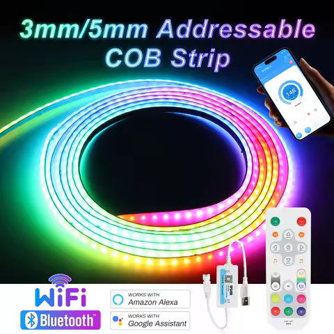 3mm 5mm 5V WS2812B Addressable COB LED Strip Individually IC RGB Flexible LED Strip High Density Dre