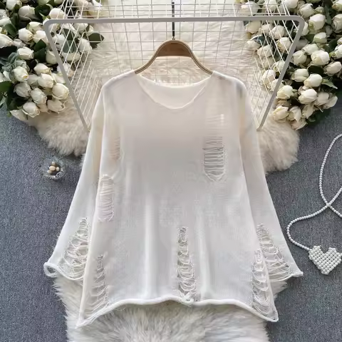 Pullovers Women Distressed Plain Sweater Long Sleeve Hollow-out Jumper Alt-girl 90s Y2K Grunge Outfi