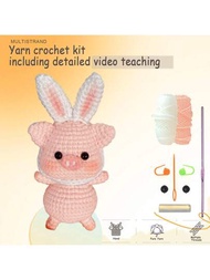 小豬兔耳帽針織套件，適合初學者，設有逐步視頻教程和文本版本插圖，編織易於理解和學習如何針織動物套件，附有針織鉤，是創意節日和生日禮物，並提供在線解答問題