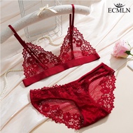ECMLN Women Sexy Lace Bra Sets Transparent  Underwear Fashion Ultra Thin Floral Bralette Panties Fem