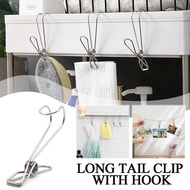 Stainless Steel Clothes Pegs/ Long Tail Clip Hanger with Hook To Dry Clothes/ Multipurpos Bathroom Towel Hook Clip/ Kitchen Organizer Pegs Clothing Socks Metal Clamp