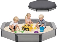 64''x56''x8.5'' Octagon Sandbox with Cover for Kids Outdoor Play, Wood Large Sandpit with 4 Benches,