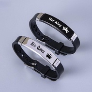 2 Pcs/Set Trendy Sport Silicone Couple Bangle Black White Crown Her King His Queen Stainless Steel Bracelet