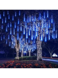 1只室外流星雨聖誕燈,30cm 8管192顆led雨燈,太陽能驅動的冰管雪花串燈,適用於聖誕樹與假日露台裝飾