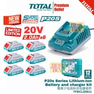 TOTAL Tools 6 Pcs 20v 2.0Ah P20s Series Li-Ion Battery & Charger kit COMBO set - TFBCLI20611