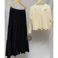 Haseena One Set Wanita Nara Setelan Cardigan Coquette Basic Rok Susun Plisket Polos Kekinian Ruffle 