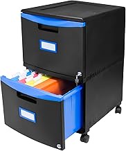 Storex Plastic Two-Drawer Mobile Pedestal File Cabinet – Locking Document Organizer with Casters for Home and Office, Black, 1-Pack (61314C01C)