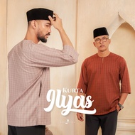 Kurta Ilyas Checkered German Cotton Petak-petak Teluk Belanga Lengan 3 suku Clothing Waw Collection