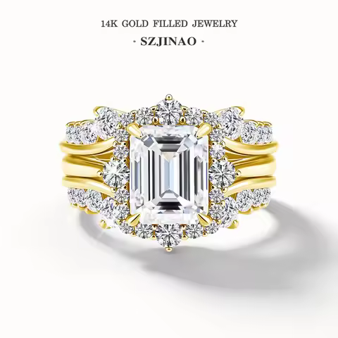 Solid 14K Gold Filled 3CT Emerald Cut Moissanite Stackable Ring Set Au585 Luxury Engagement Ring for
