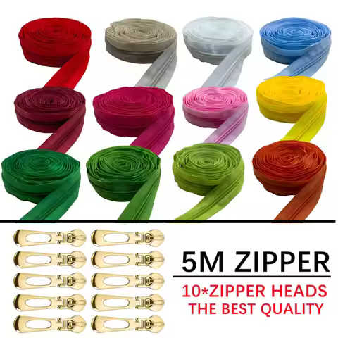 No.5 Standard Size Zipper Roll, Total 5 Meters Long Equipped with 10 Durable Zipper Sliders for Tail