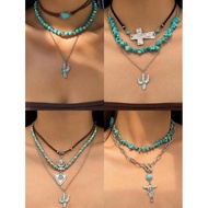 Western Necklaces For Women Artificial Turquoise Beaded Layered Chain Necklaces Boho Cowgirl Hat Boo