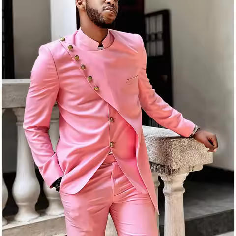 Custom Made Groomsmen Pink Tuxedos Mandarin Collarl Men Suits Gold Buttons Wedding 2 Piceces ( Jacke