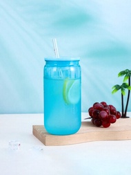 透明多彩塑料杯帶蓋和吸管藍色16盎司易拉罐形狀冰咖啡杯帶蓋和吸管，可愛的杯子飲料瓶，適合做冰沙珍珠奶茶汽水茶禮物，紅色粉紅色紫色綠色藍色可選