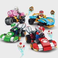 Bandai | 4pcs Super Mario Bros Building Block Karting Luigi Bowser Princess Peach Yoshi Toad Figure 