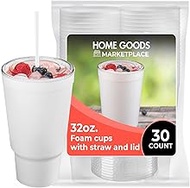 HOME GOODS MARKETPLACE 32 oz White Foam Cups with Lids and Straws (30 Pack) – Large Insulated Dispos