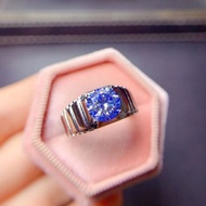 莫桑石男士戒指，2 克拉藍色莫桑石戒指，莫桑石銀戒指