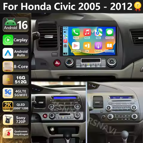Qualcomm Android 16 For Honda Civic 8 FK FN FD 2005 - 2012 2K QLED Car Radio Multimedia Video Player